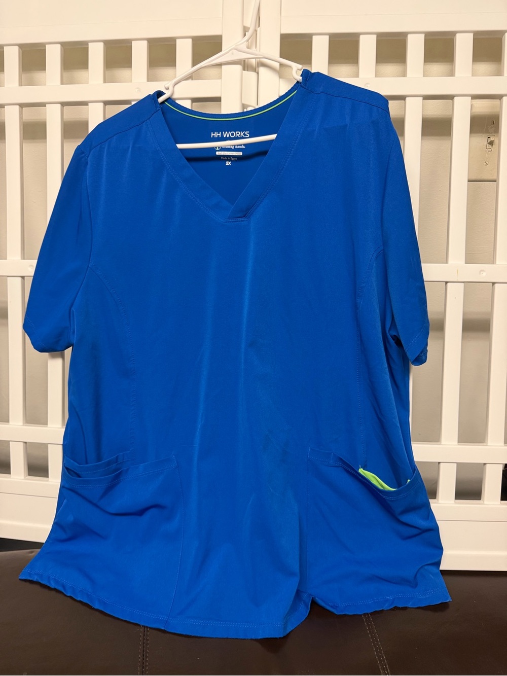 healing hands V‑Neck Scrub Top in Royal Blue with Lime Trim